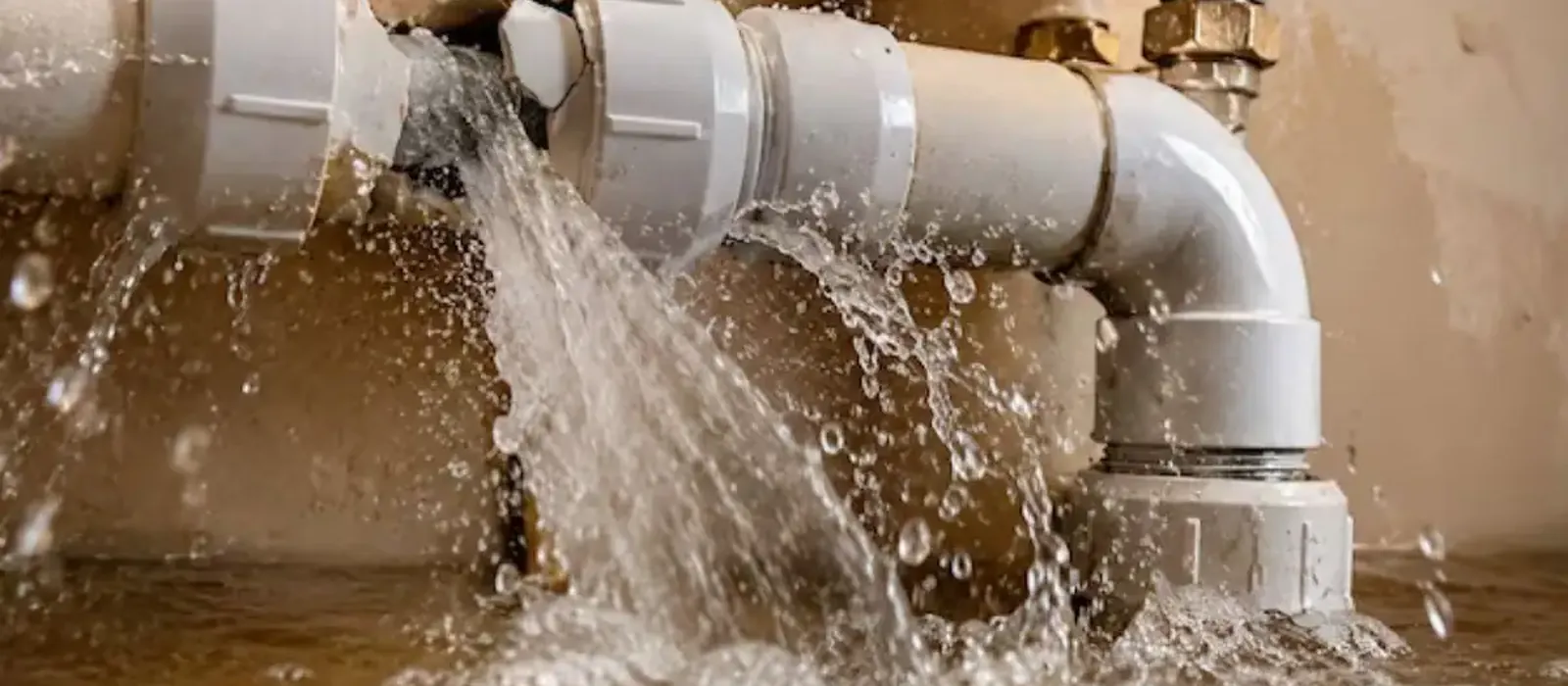 Water spraying from a split pipe joint on a wall above a wet floor