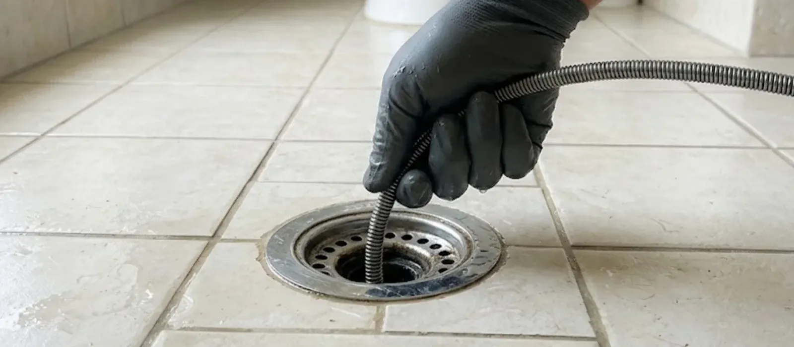 A gloved hand feeding a drain snake cable into a floor drain on a tiled floor