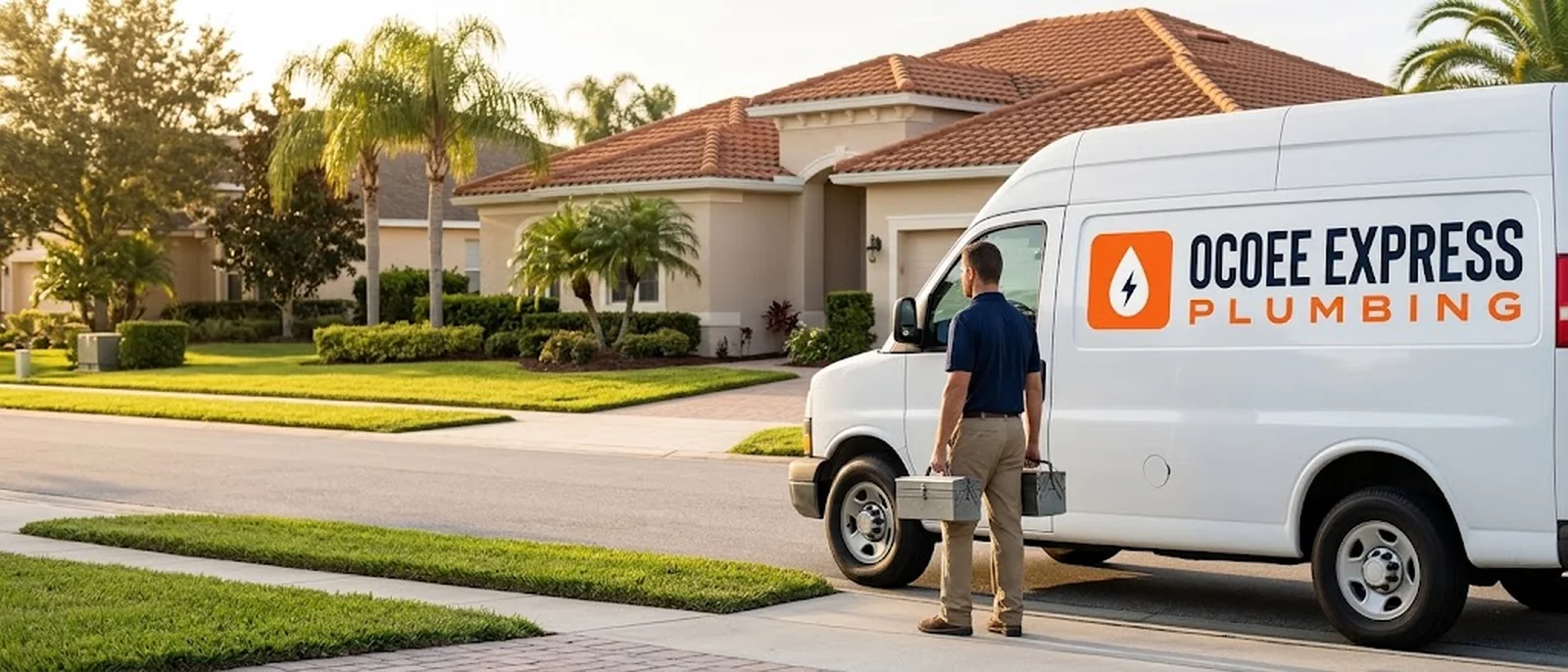 Ocoee Express Plumbing service van parked outside a Florida home with a plumber standing beside it