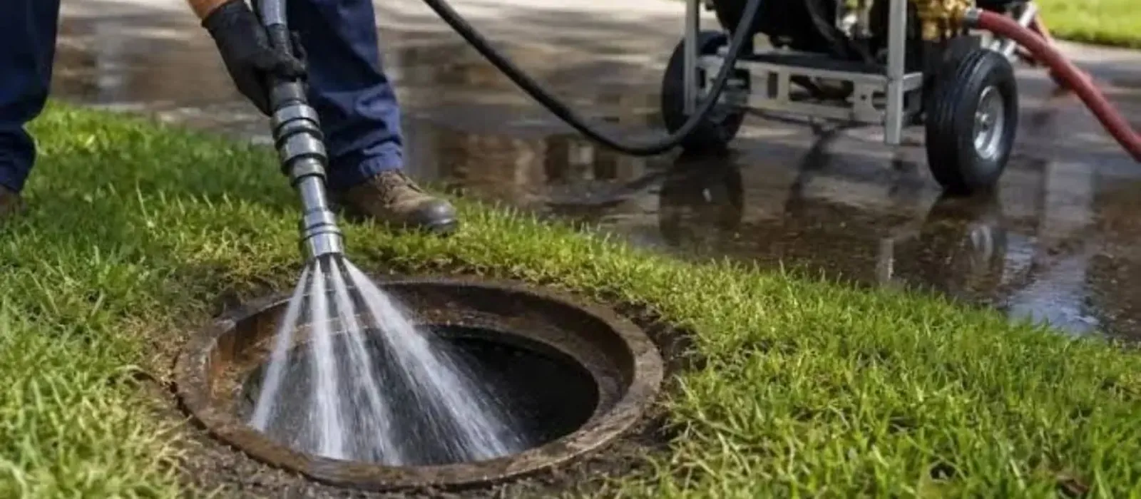 A technician aiming a hydro jetting nozzle into an open drain access beside a pressure washer unit