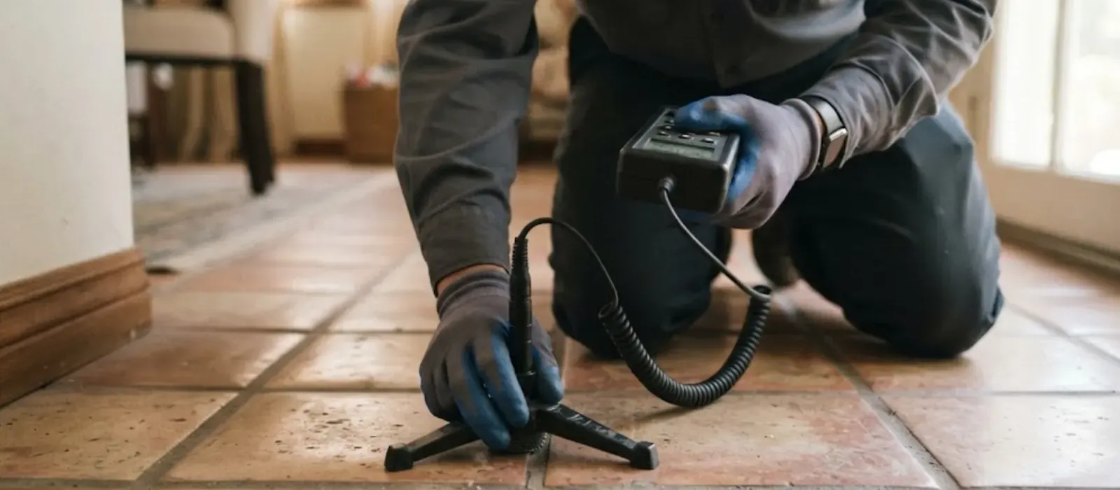 A technician kneeling on a tile floor using an acoustic listening device to locate a hidden leak