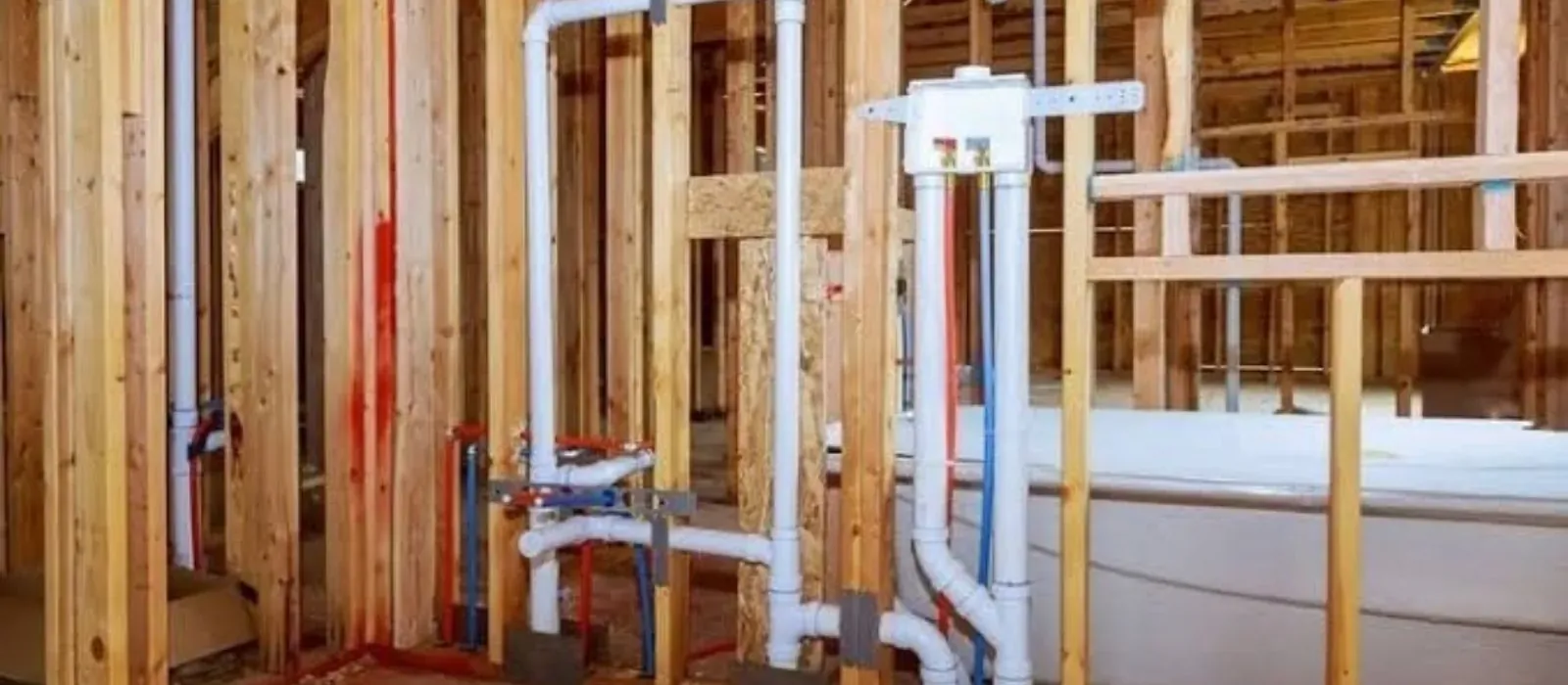 White drain and vent pipes and supply lines roughed in between wall studs next to a bathtub