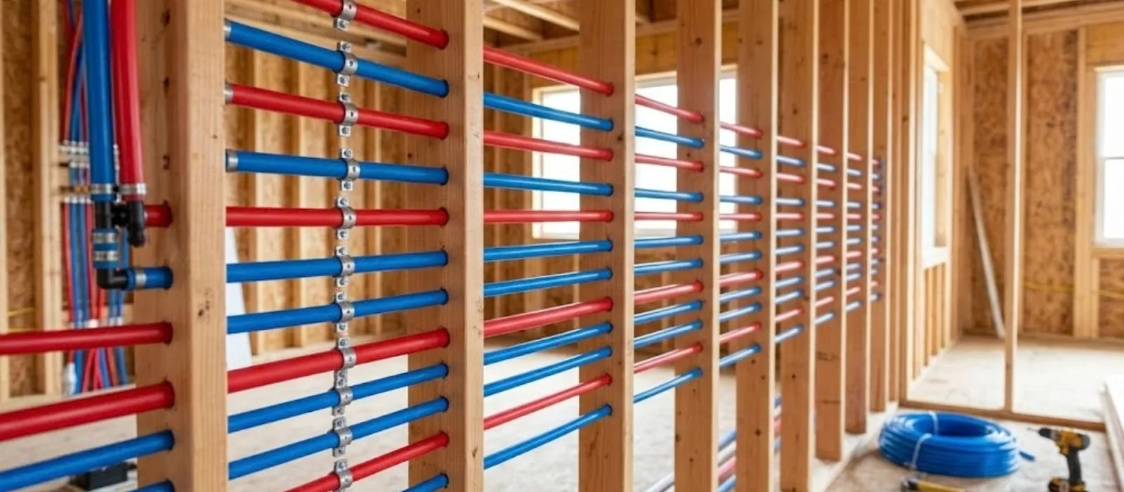 Red and blue PEX water lines run through the wall studs of an open framed house