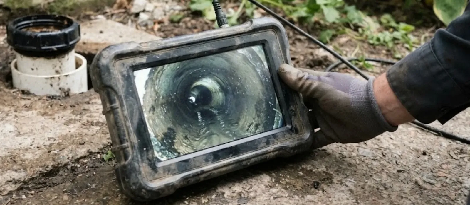 A gloved hand holding a camera monitor showing the inside of a sewer pipe next to an open cleanout
