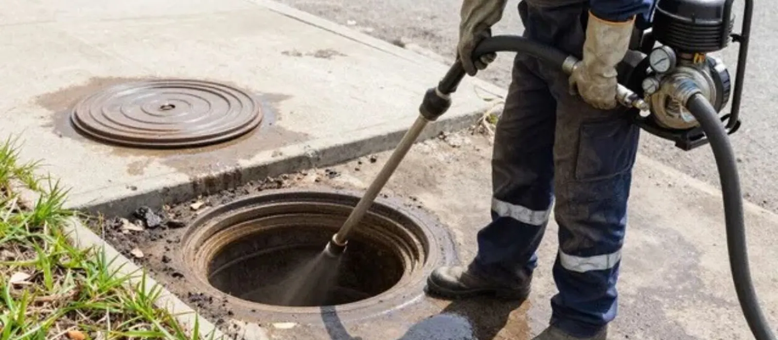 A worker in coveralls using a high pressure water jet to clean a sewer line through an open manhole
