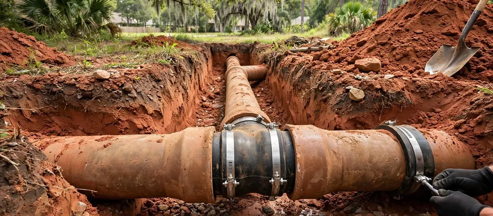 A repaired sewer pipe joined with rubber couplings in an open excavated trench