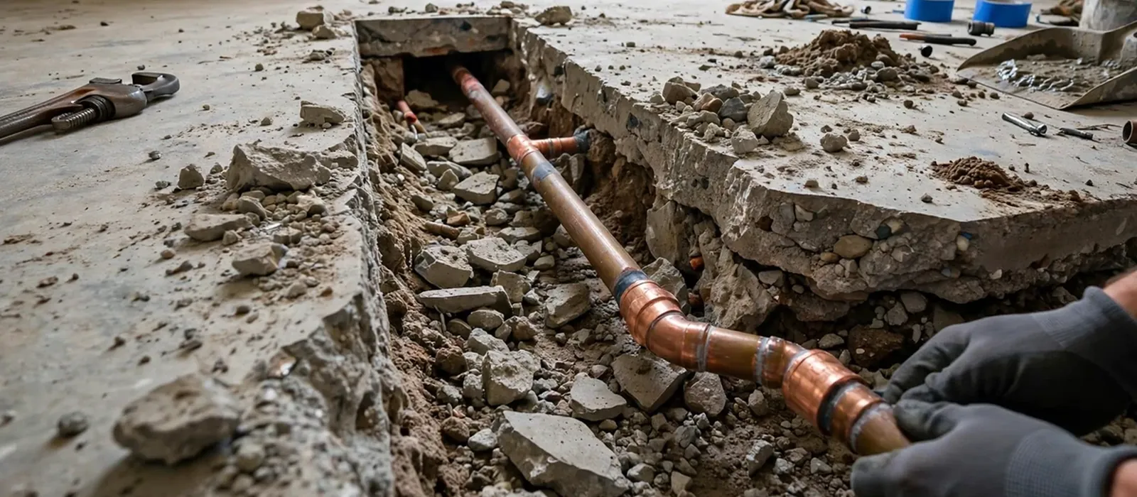 Gloved hands working on a copper pipe exposed in a trench cut through a concrete floor slab