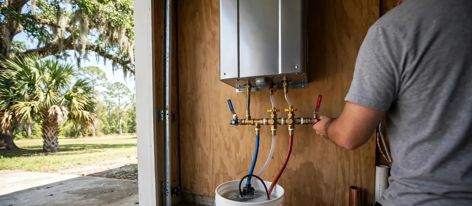 A tankless water heater on a plywood wall with supply valves and hoses being flushed into a bucket