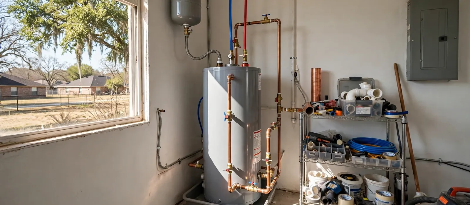 A water heater with copper pipes installed in a utility room beside a window and a supply shelf