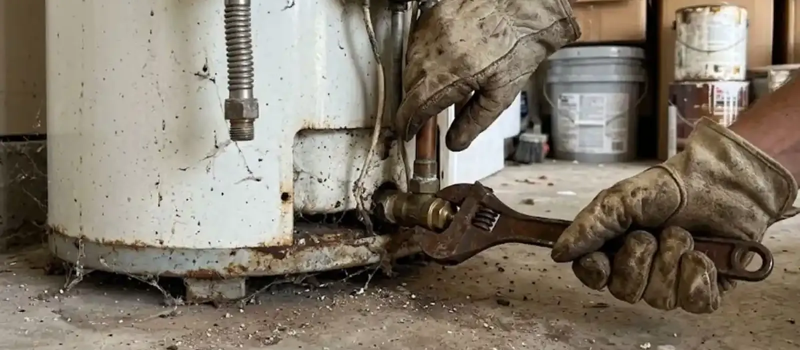 Gloved hands using a wrench on the fittings at the base of a white water heater