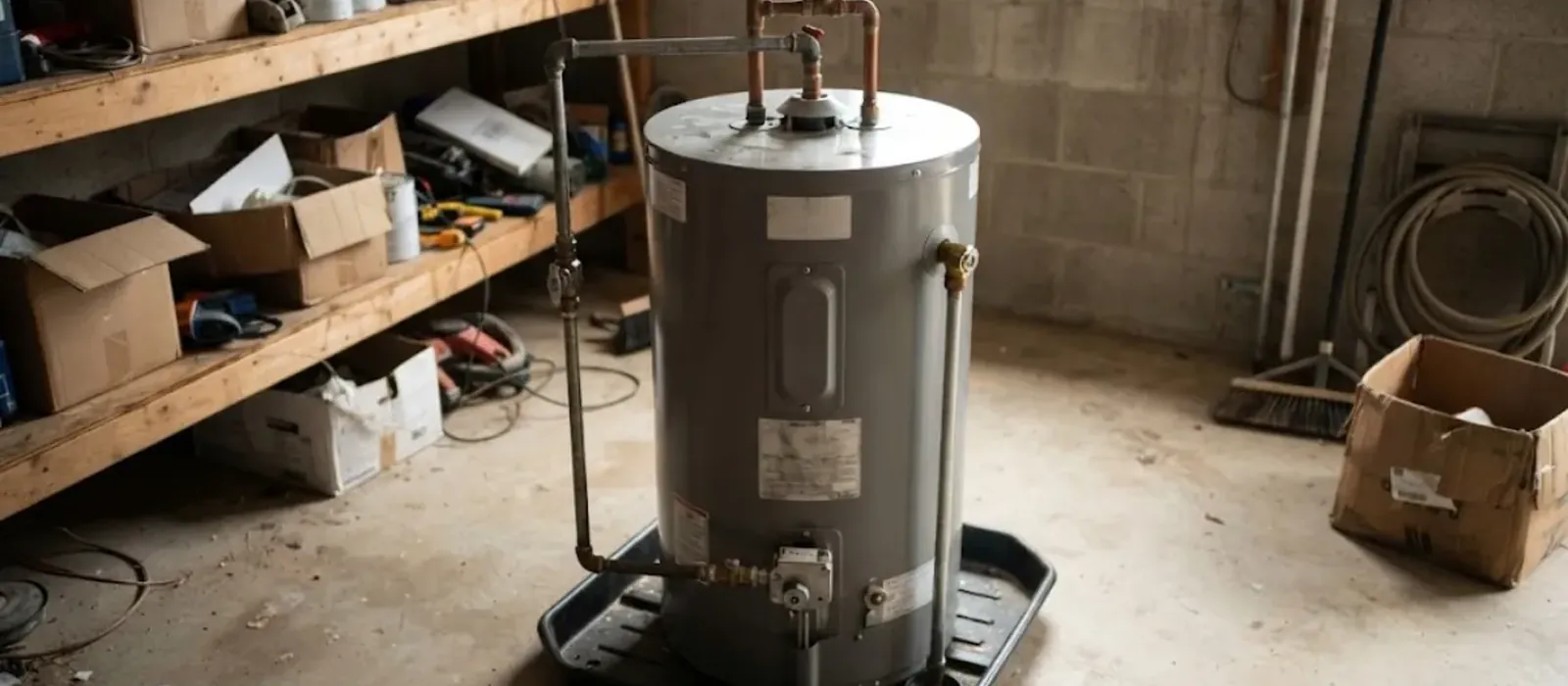 A new gray water heater tank sitting in a drain pan in a garage with shelves behind it