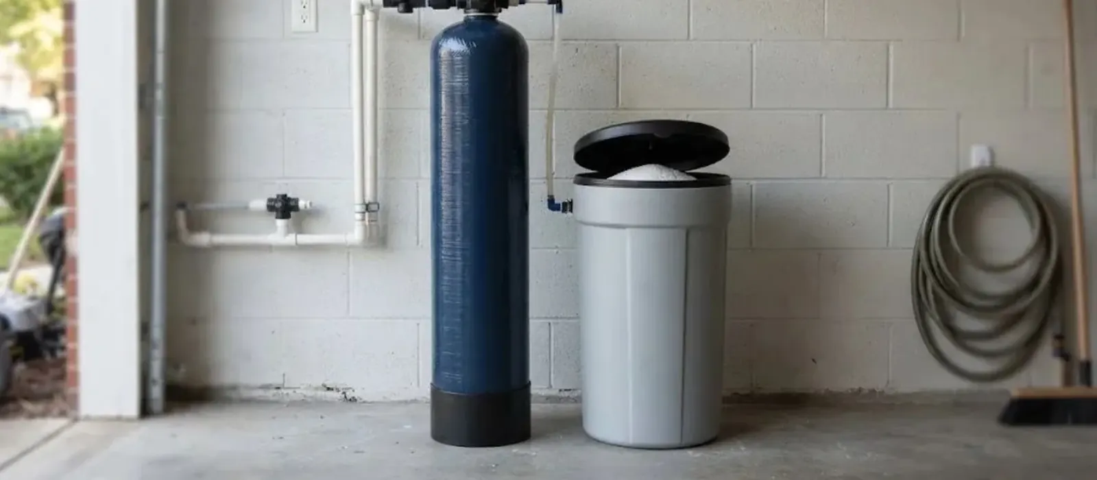 A blue water softener tank and gray brine tank against a block wall in a garage